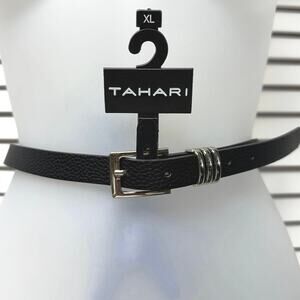 New Tahari Womens Belt Size XL Black Sliver Buckle Faux Leather Adjustable